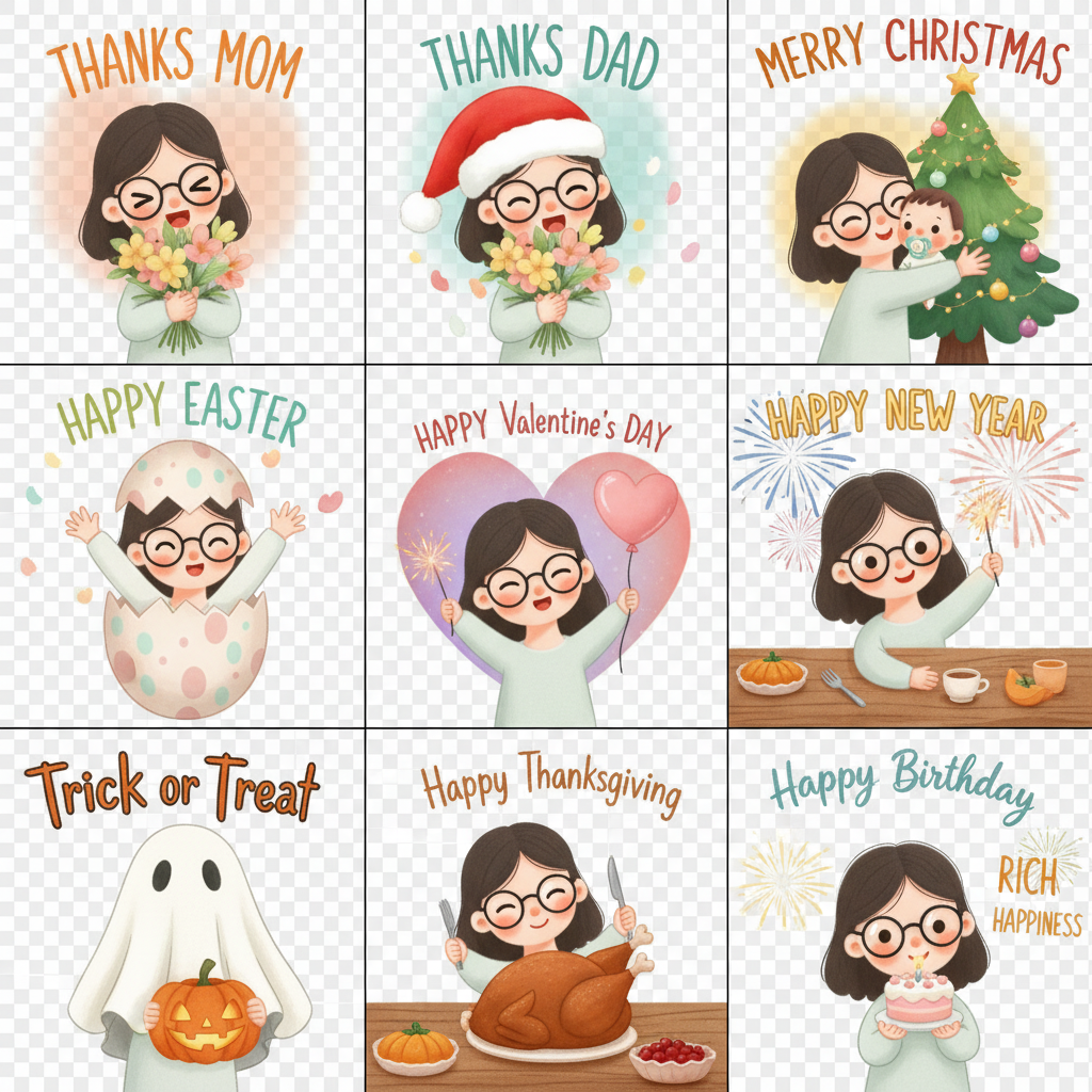 The image shows a collection of nine cartoon-style illustrations celebrating various holidays and occasions. Each illustration features a young girl with glasses and dark hair, depicted in different scenarios related to the specific holiday or event. The holidays include Thanksgiving, Christmas, Valentine's Day, Easter, New Year, Mother's Day, Father's Day, Halloween, and Birthday.